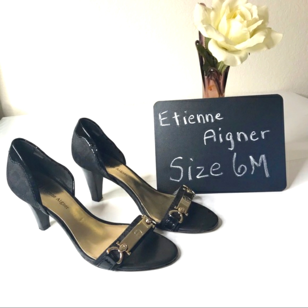 Etienne Aigner Black Embellished Front Women’s Open Toe Shoes